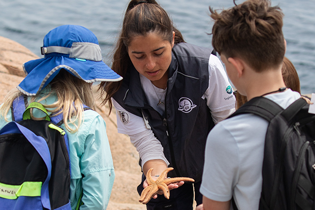Une guide-interprète tient dans ses mains une étoile de mer qu'elle montre à des enfants. 
