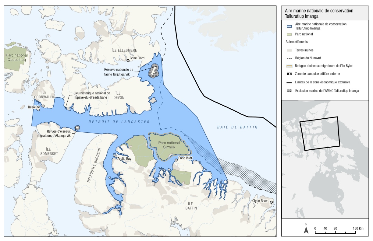 Figure 1.1 Carte montrant l’emplacement de l’aire marine nationale de conservation Tallurutiup Imanga, version textuelle suit.