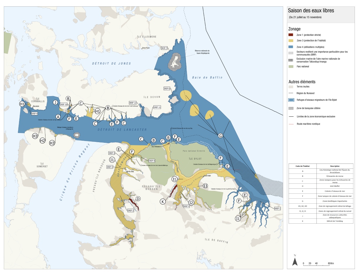 Plan de zonage pour la saison des eaux libres dans l’AMNC Tallurutiup Imanga, version textuelle suit.