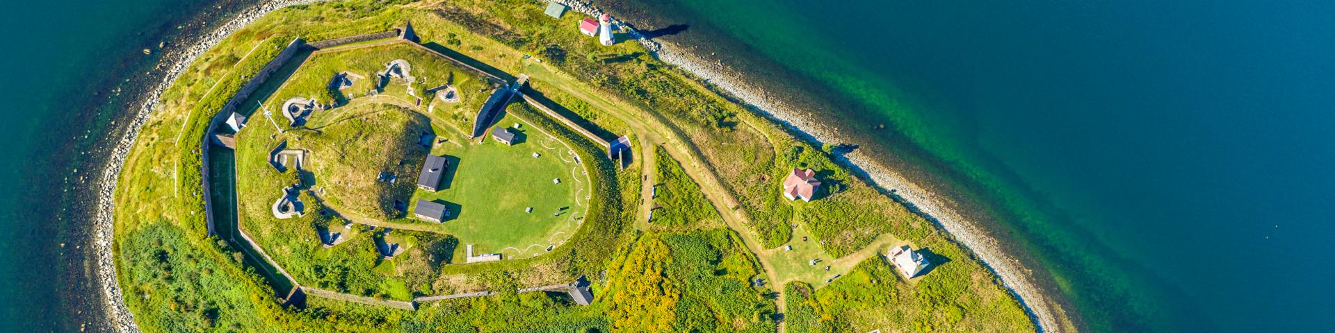 An aerial view of Georges Island National Historic Site on a summer's day.