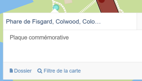 Une fiche de notice ouverte à partir d'un marqueur de désignation de plaque commémorative sur la carte de l'outil de recherche. Elle présente un titre et une description de désignation, une fonction d'ouverture de notice et une fonction de filtrage par la carte.