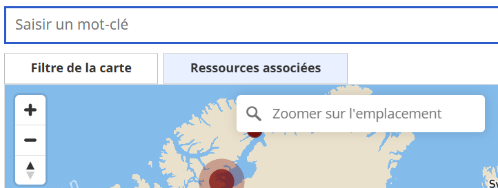 Un détail de la recherche par mot-clé et des champs de zoom sur l'emplacement dans l'outil de recherche.