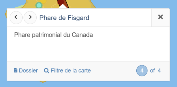 Une fiche de notice ouverte à partir d'un marqueur de désignation sur la carte de l'outil de recherche. Elle présente un titre et une description de désignation, une fonction de navigation, une fonction d'ouverture de notice et une fonction de filtrage par la carte.