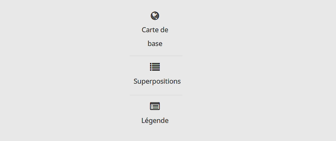 Les outils cartographiques présentés dans l'outil de recherche : Fond de carte, Calques et Légende. Les fonctions de chaque outil sont décrites dans la légende.