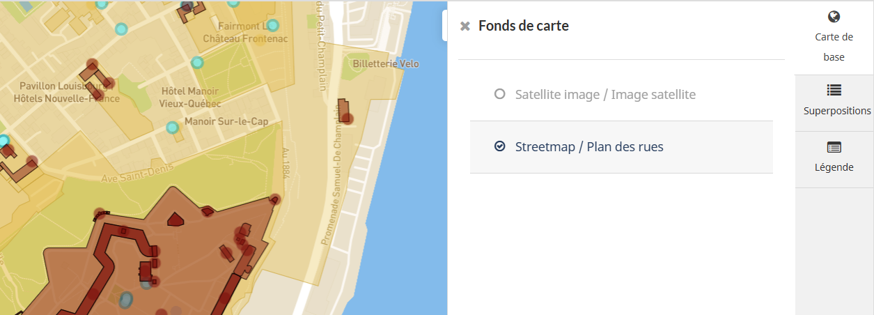 L'outil fond de carte avec l'option Plan des rues sélectionnée.