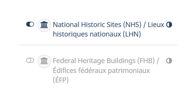 The overlay tool, in this example, the toggle is selected for National Historic Sites, rather than Federal Heritage Buildings. Further function of the tool is described in the caption.