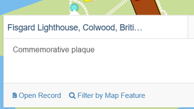 A record card opened from a commemorative plaque designation marker on the search tool map. It features a designation title and description, an open record feature, and a filter by map feature. 