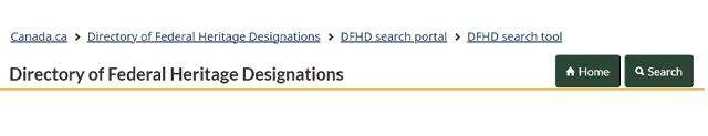 The top content of the portal, the title: Directory of Federal Heritage Designations, is followed by a button labeled Home and a button labeled Search. 