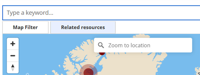 A detail of the keyword search and zoom to location fields in the search tool.