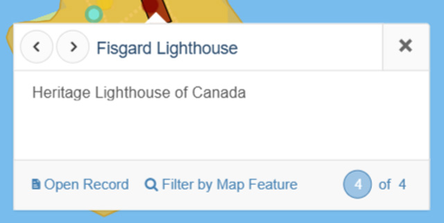A record card opened from a designation marker on the search tool map. It features a designation title and description, a browsing feature, an open record feature, and a filter by map feature. 