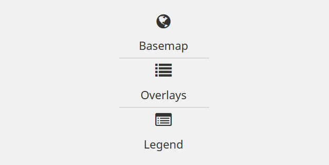 The map tools featured in the search tool: Basemap, Overlays, and Legend. The functions of each tool are described in the caption.