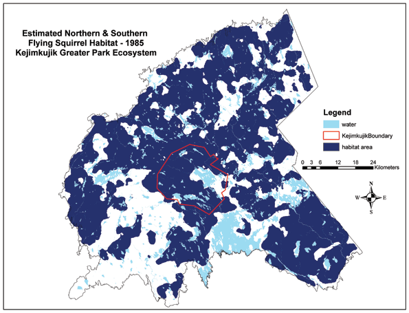 Figure 10.1: Estimated Northern and Southern Flying Squirrel Habitat around Kejimkujik 1985