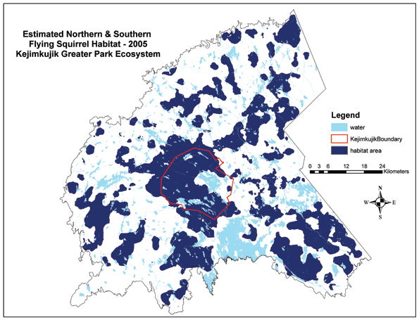 Figure 10.2: Estimated Northern and Southern Flying Squirrel Habitat around Kejimkujik 2005