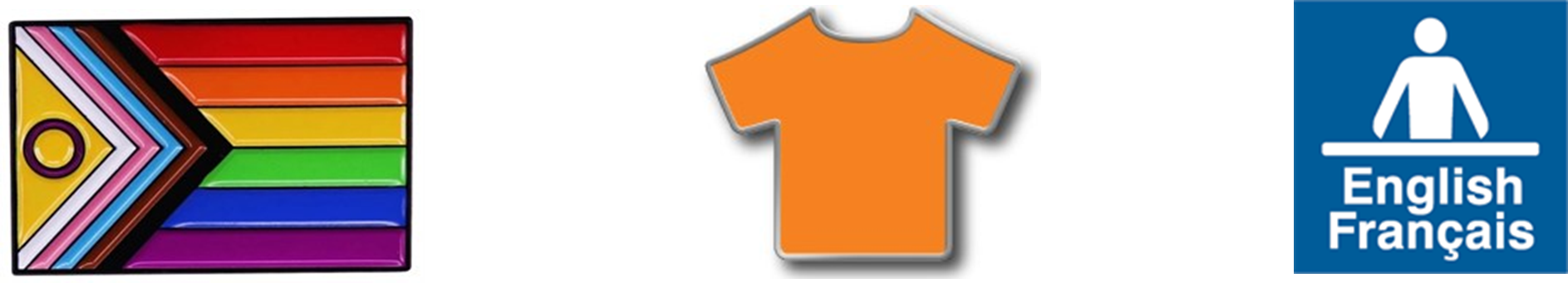 three icons: a rainbow flag, an orange shirt, a bilingual service sign
