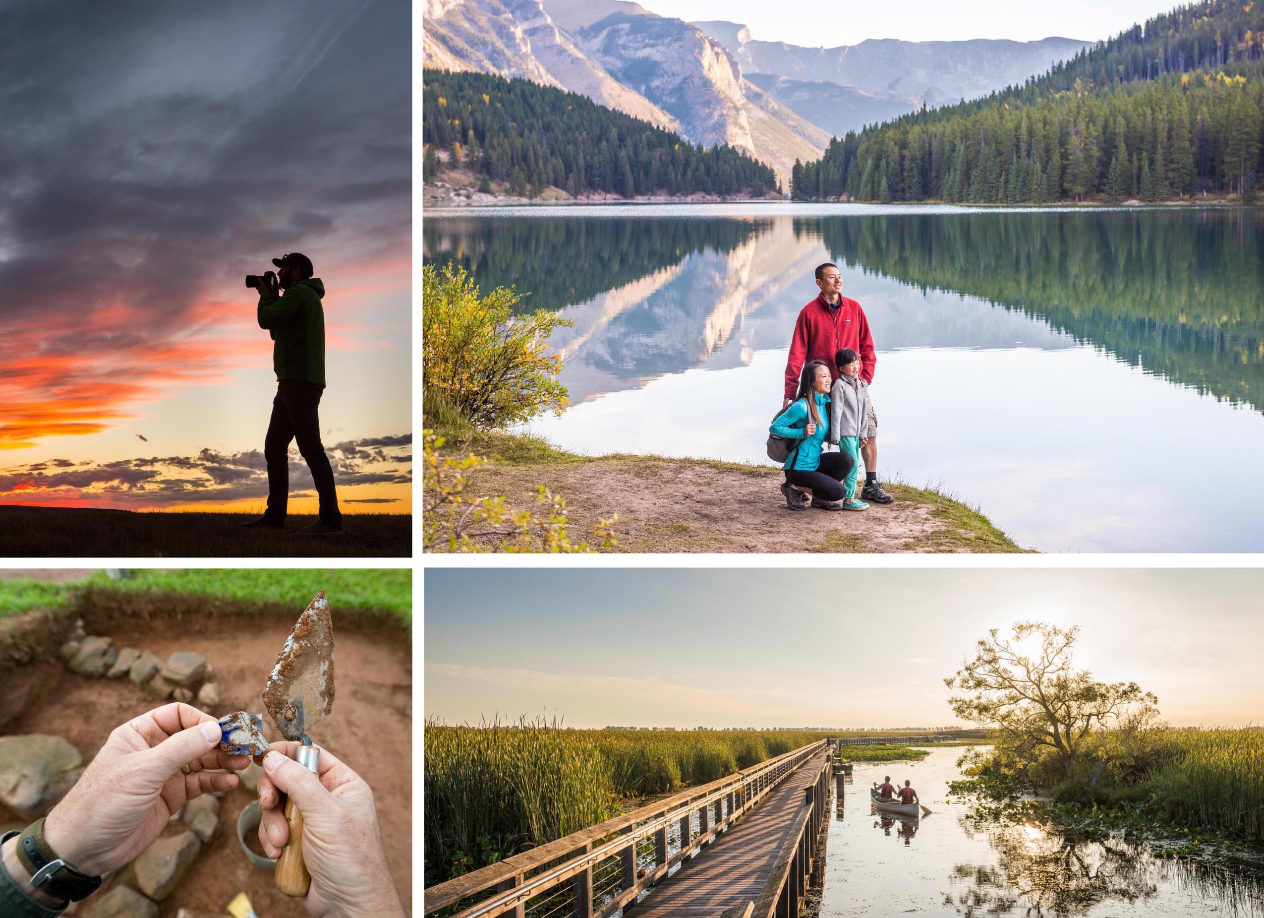 Four images: 1. A person using a camera at sunset, 2. A family on the shore of a mountain lake, 3. An archaeological dig, 4. Two people paddling a canoe.