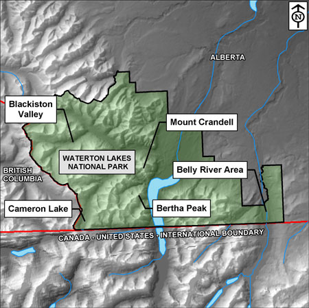 Blow up Waterton Section of the mountain parks map. Identify Crandell Mountain, Bertha Peak, the Blackiston Valley, Cameron Lake and Belly River area 