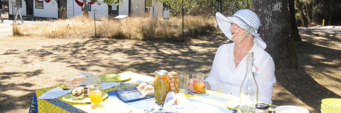 A person all dressed up and wearing a sun hat sit at a picnic table filled with treats.