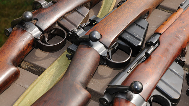 Close-up of three historic guns