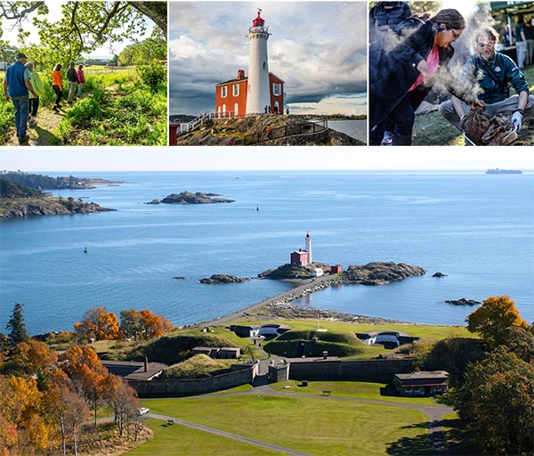 Four images: 1. A group of people walking a trail, 2. A lighthouse, 3. A smudging cermony, 4. A lighthouse.