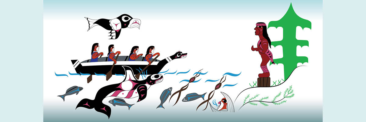 A drawing of a whale swimming and people paddling a canoe towards a welcome carving.