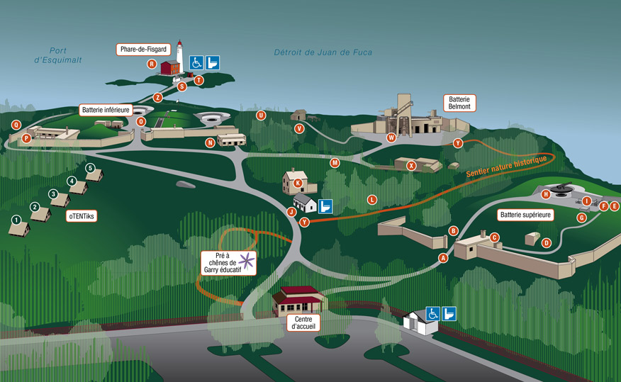 Carte des lieux historiques nationaux Fort Rodd Hill et du Phare-de-Fisgard, notamment les sentiers, les bâtiments historiques, et les installations et services de Parcs Canada.