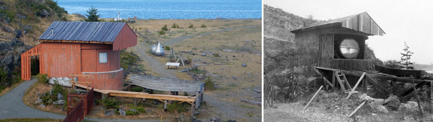 An old, red wooden boat house. This “fisherman’s hut” hid one of the 17 searchlights located throughout the fortress. /  Historical image of the fisherman’s hut / Searchlight Emplacement No. 7.