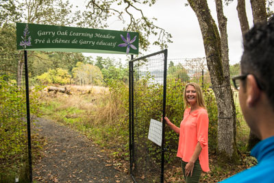 A person opens the gate leading to the Garry Oak Learning Meadow.