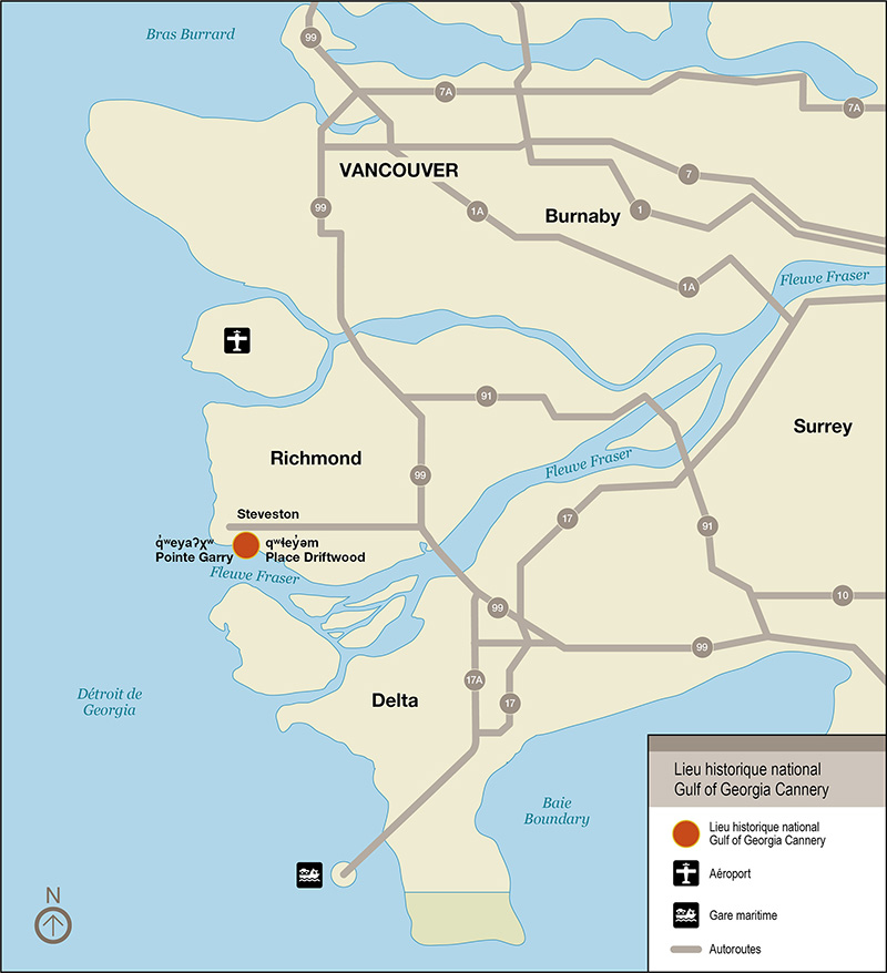 Carte 2 : Emplacement du lieu historique national Gulf of Georgia Cannery dans la région métropolitaine de Vancouver, version textuelle suit