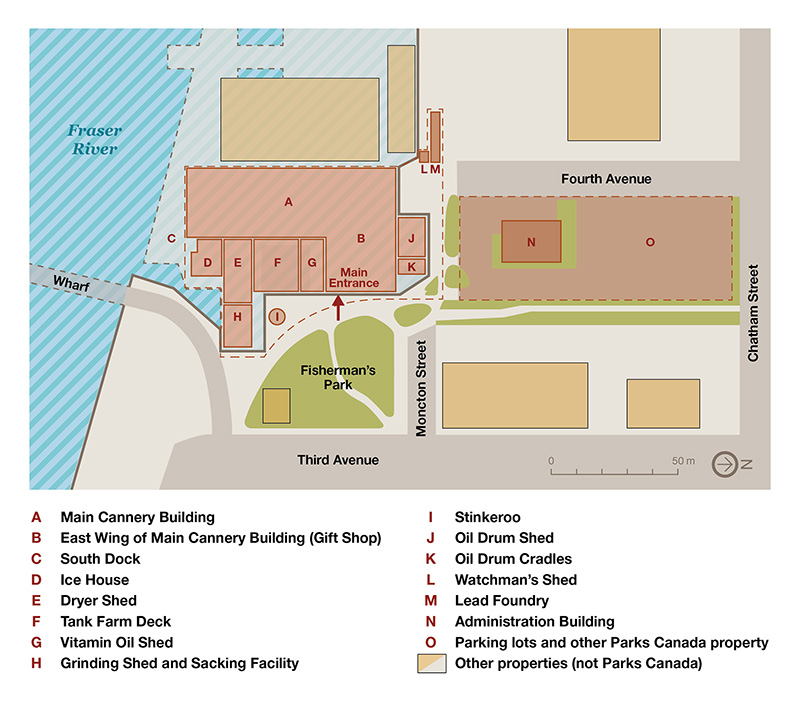 Map 3: Site Map of Gulf of Georgia Cannery National Historic Site, text description follows