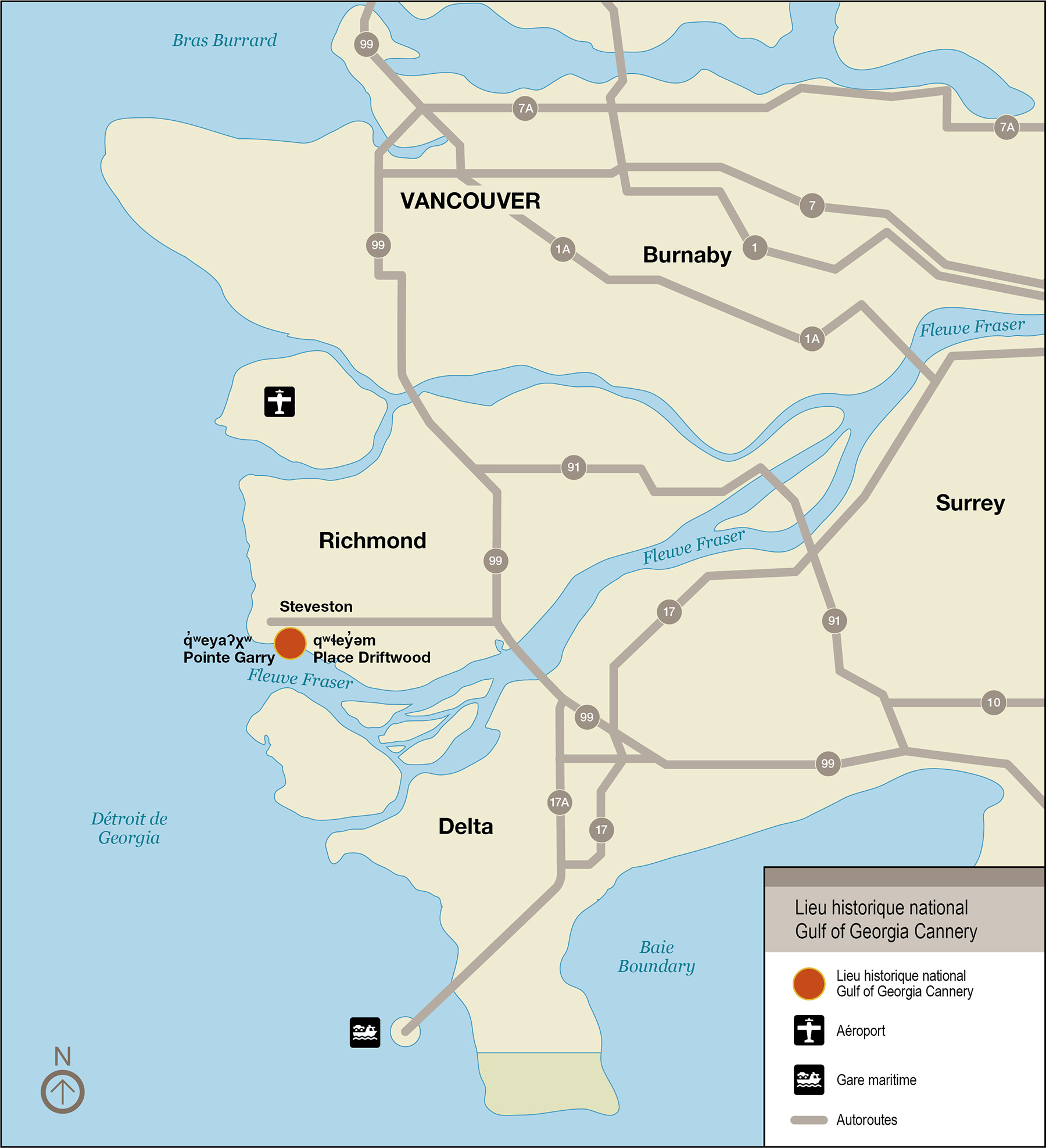 Carte 1 : Emplacement de lieu historique national Gulf of Georgia Cannery dans la région métropolitaine de Vancouver, version textuelle suit
