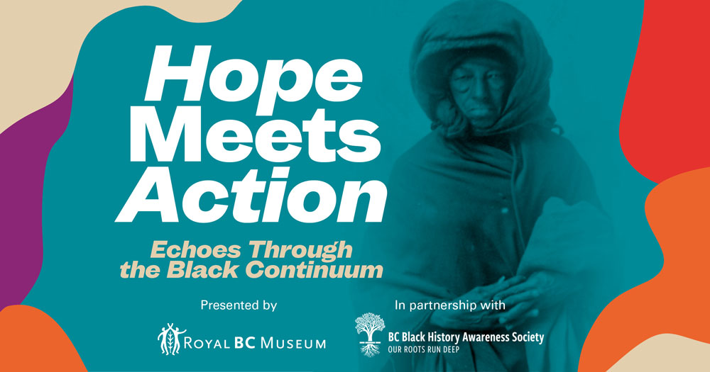 Affiche avec un titre "Hope Meets Action", un sous-titre "Echos Through the Black Continuum", et une image de fond représentant une personne noire.