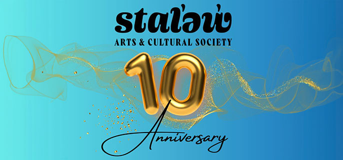 A poster with a bleu background with the following text in black and gold : Stalew ARTS & CULTURAL SOCIETY, 10 Anniversary.