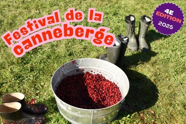 Un grand seau de canneberges fraîches, deux paires de bottes tachées de jus de canneberge, et le texte « Festival de la canneberge, 4e édition, 2025 ».