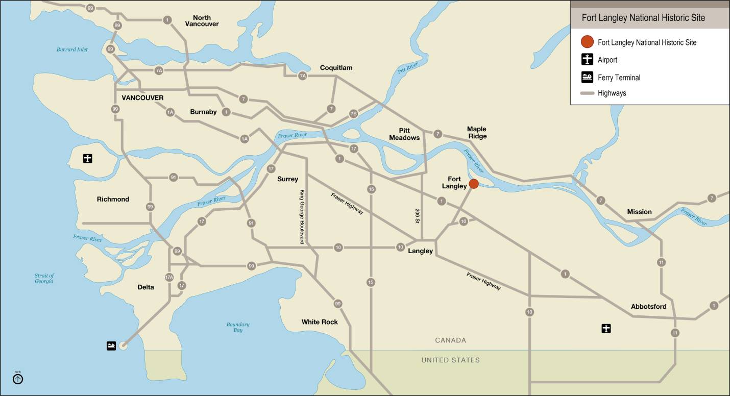 Map 2: Location of Fort Langley National Historic Site in the region, text description follows