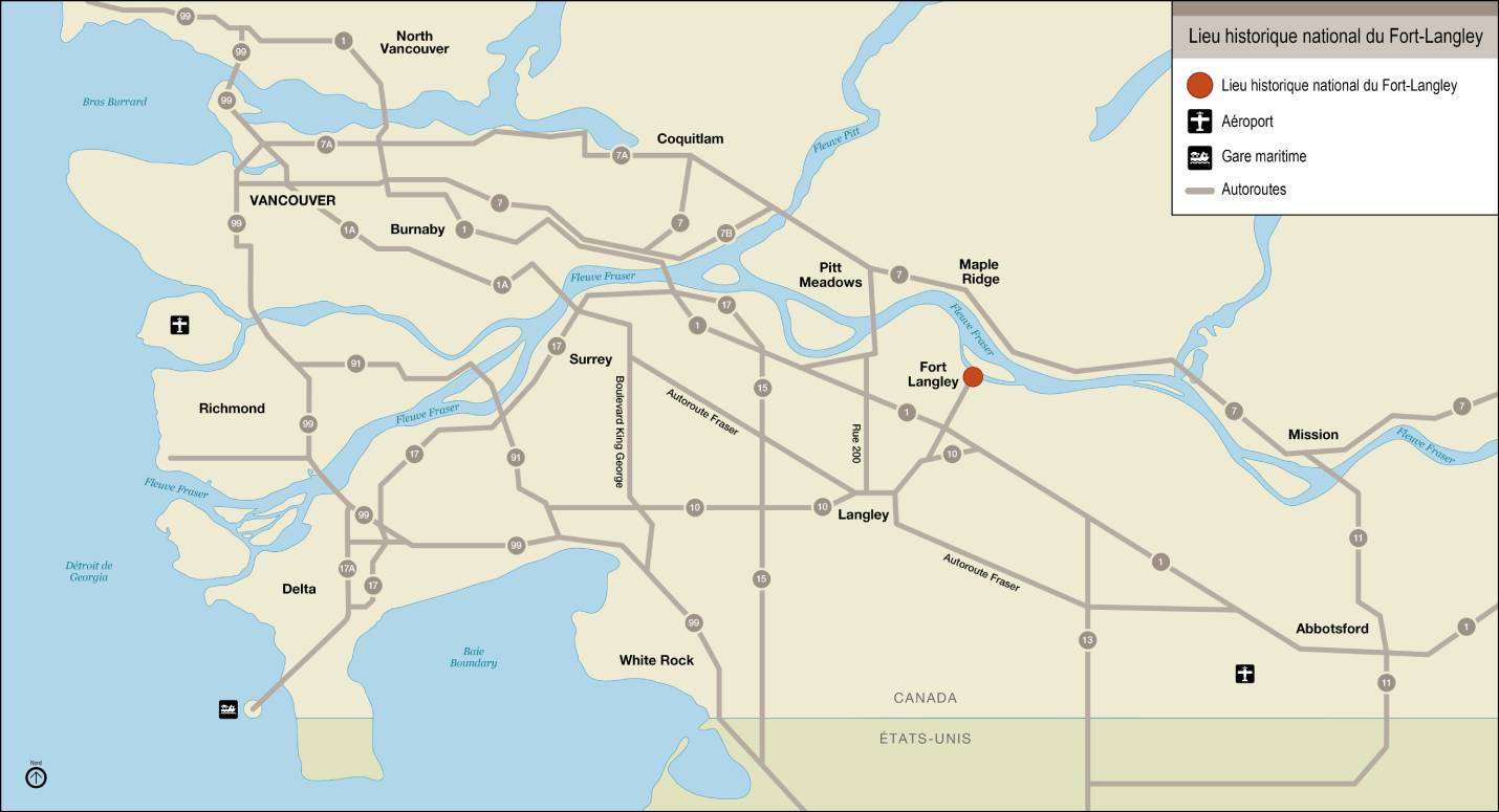 Carte 2: Emplacement du lieu historique national du Fort-Langley dans la région, version textuelle suit