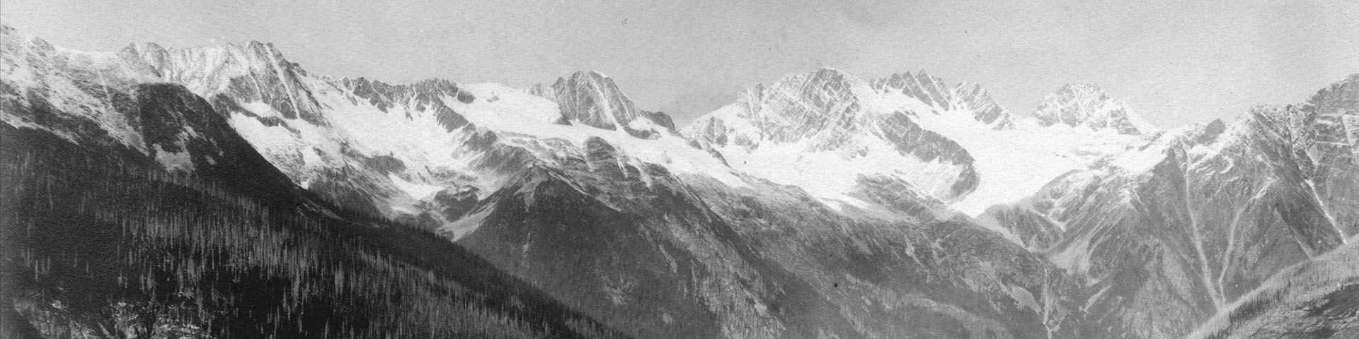 Black and white photo of the the swiss peaks in rogers pass