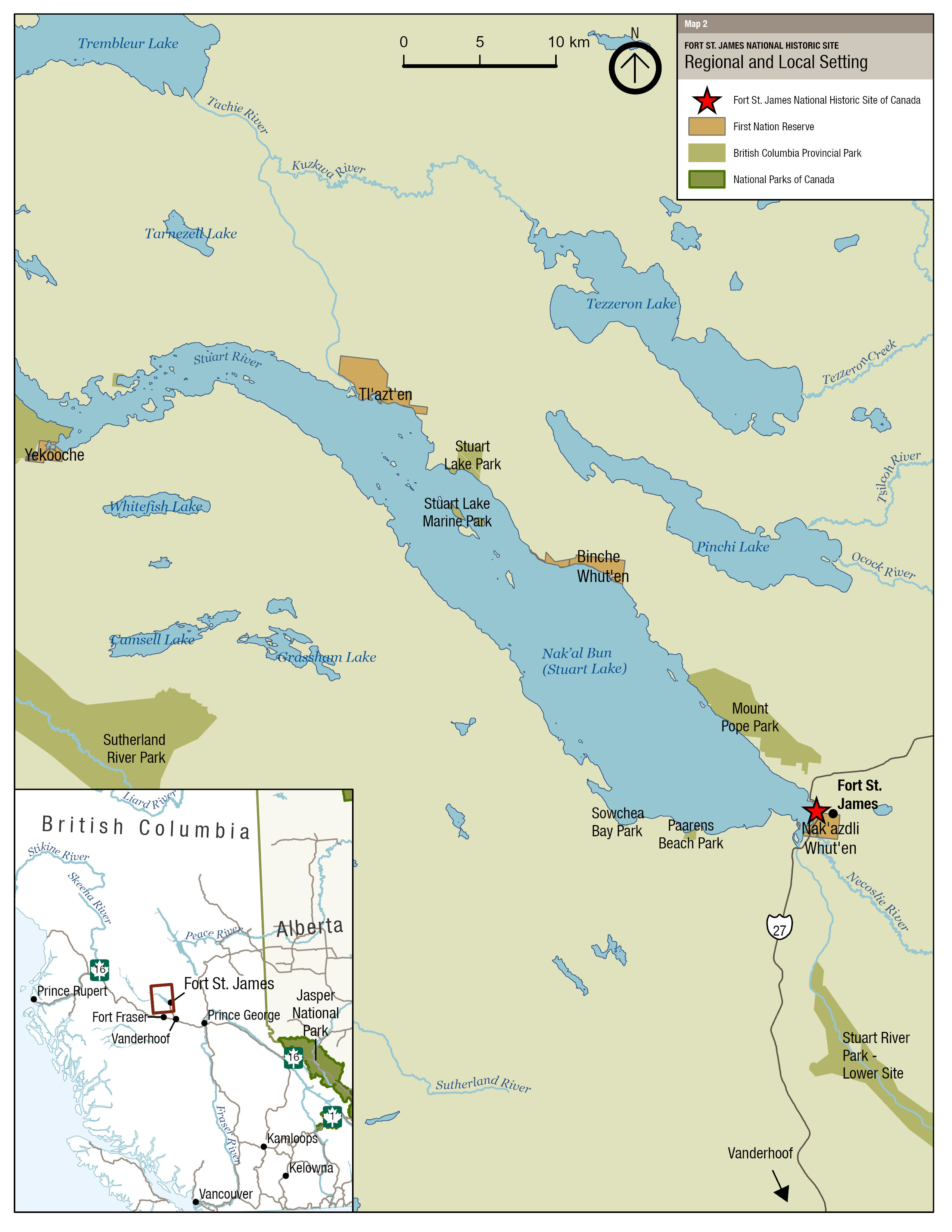 The map shows the regional geographic setting of Fort St. James National Historic Site and includes several surrounding First Nations, provincial parks, lakes and rivers.