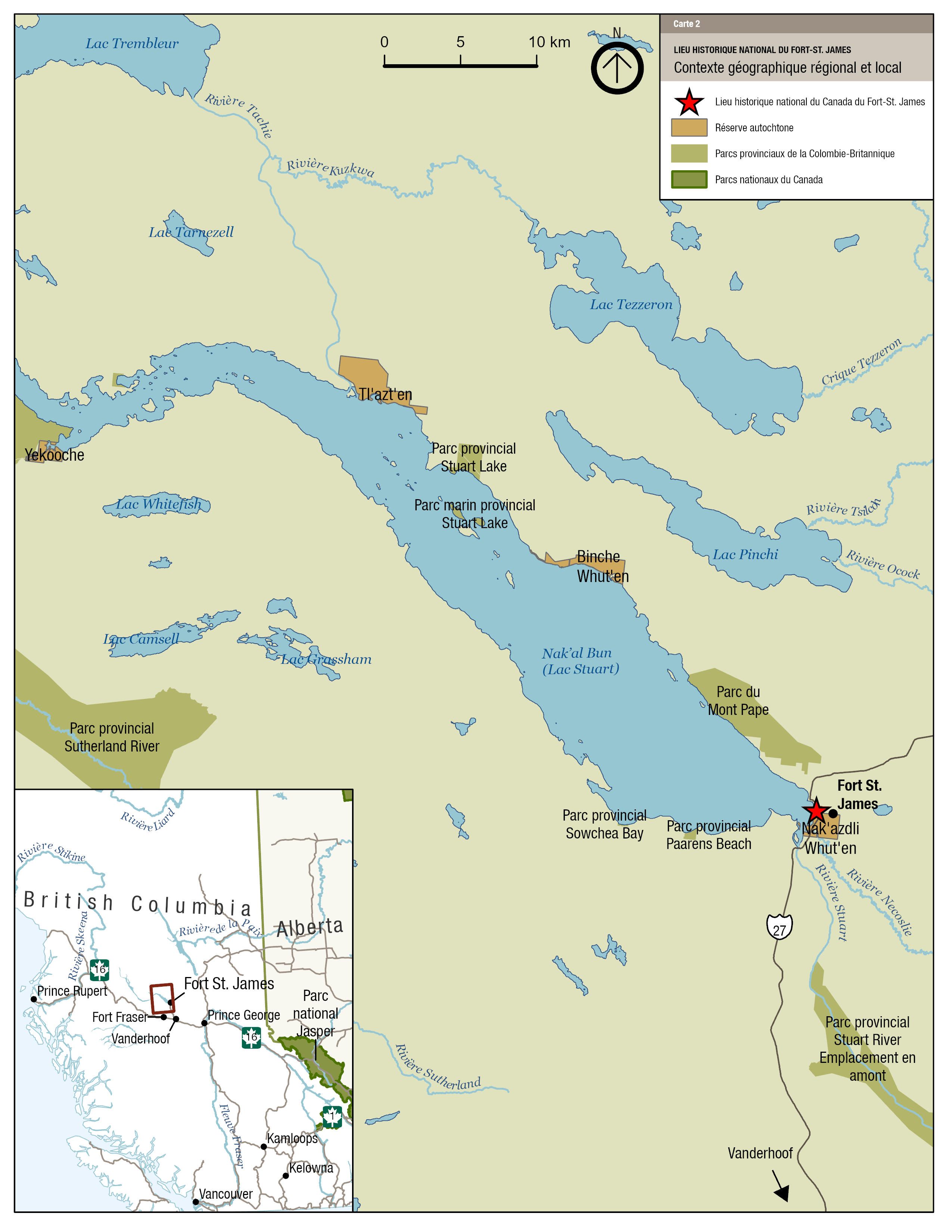 The map shows the regional geographic setting of Fort St. James National Historic Site and includes several surrounding First Nations, provincial parks, lakes and rivers.