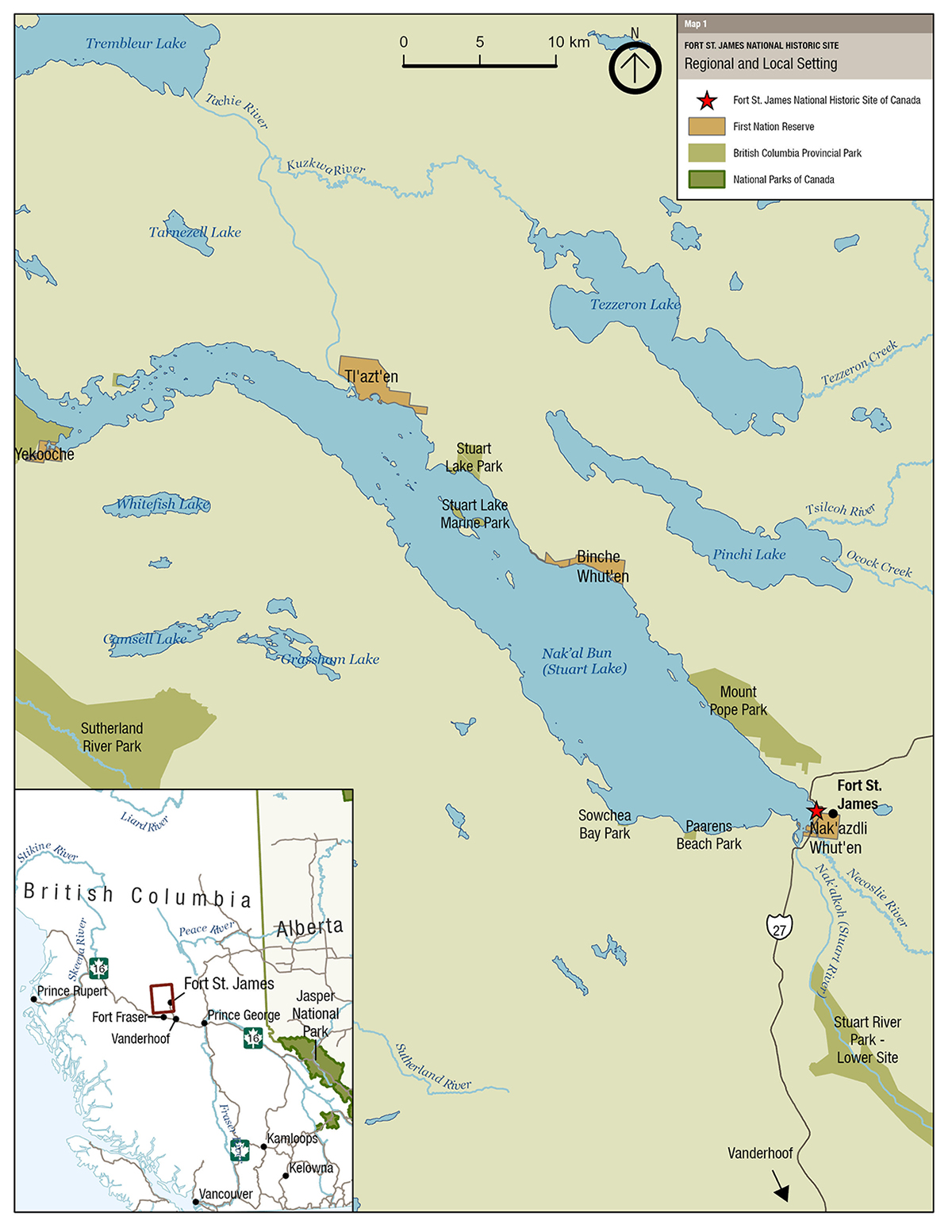 Map 1 - The map shows the regional geographic setting of Fort St. James National Historic Site and includes several surrounding First Nations, provincial parks, lakes and rivers.