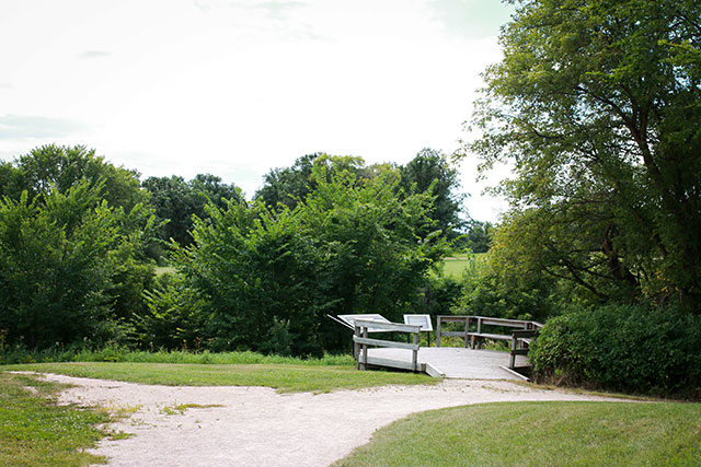 A gravel path leads to a wooden platform with interpretive panels.