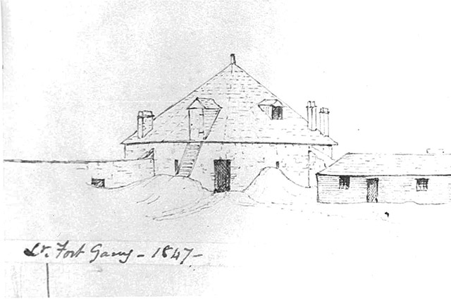 A drawing of a round stone bastion building with a pointed roof. A smaller building stands to the right of it. Text written on the image reads Lo. Fort Garry – 1847 –.