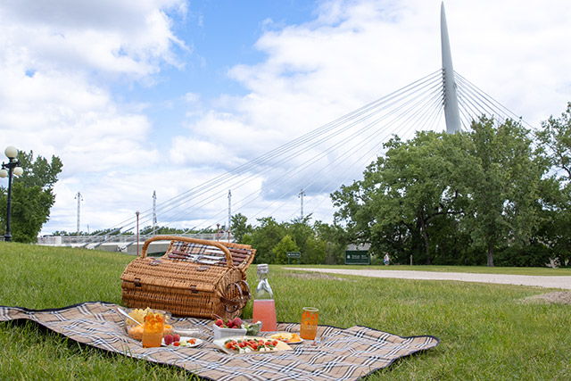 Des plateaux de légumes et de fruits, des verres de jus et un panier de pique-nique disposés sur une couverture posée sur l’herbe à La Fourche, avec l’Esplanade Riel en arrière-plan.