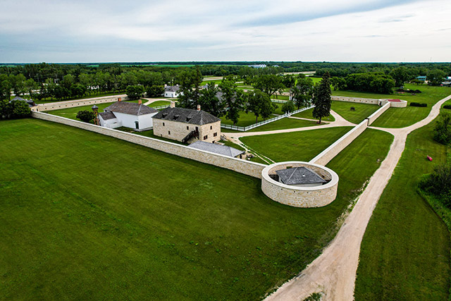 An aerial shot of the Tyndall Stone walls of Lower Fort Garry.