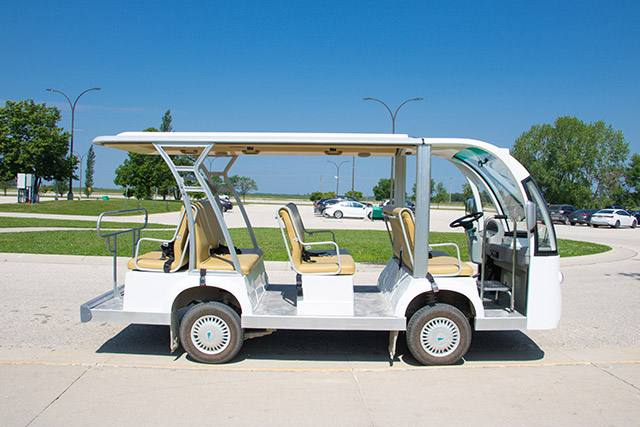An accessibility shuttle parked at Lower Fort Garry. 