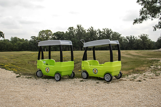 Deux chariots verts avec des toits gris et des poignées pour tirer sont posés sur l’herbe.