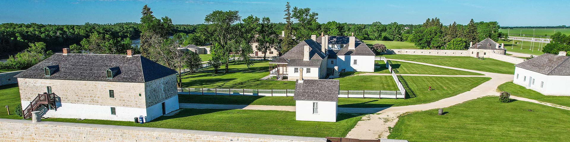 Long shot of Lower Fort Garry’s historic buildings