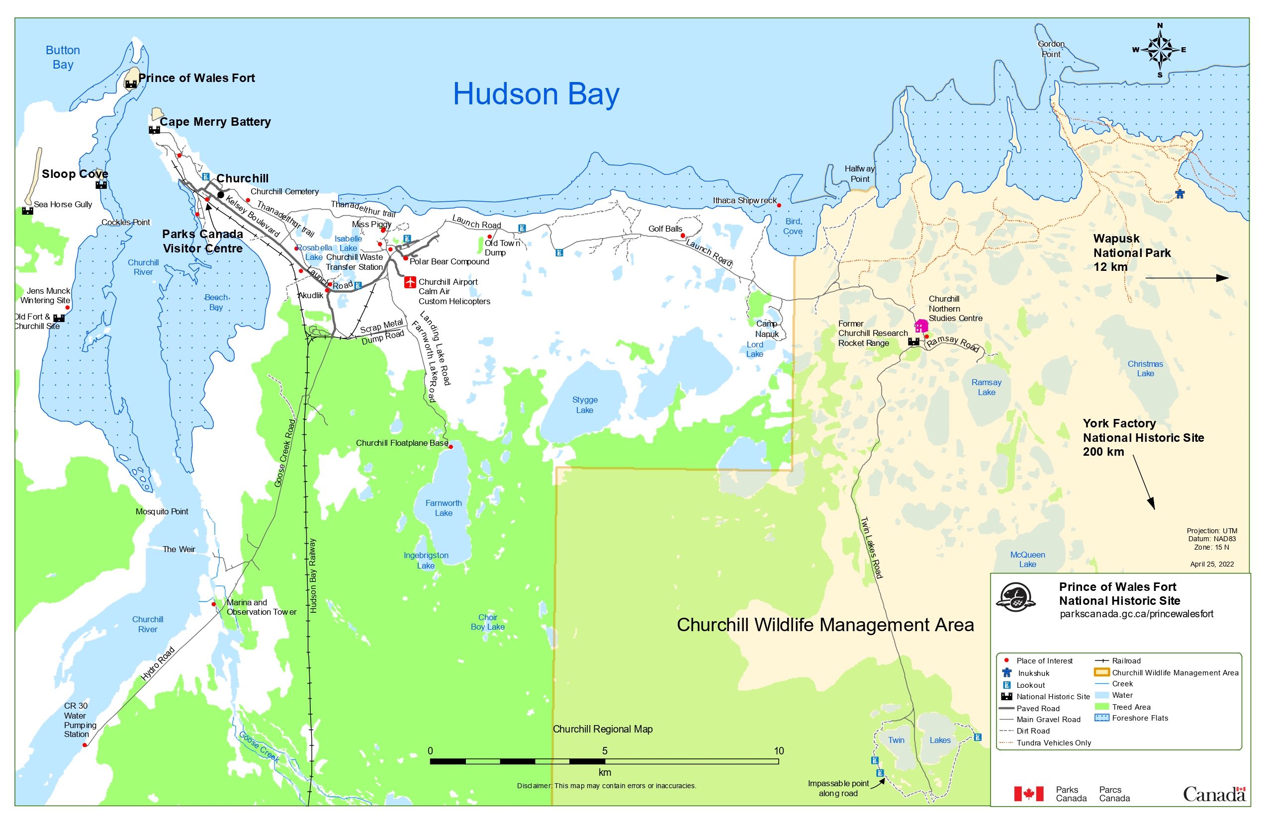 A map of Churchill and the surrounding area, including national historic sites in the region.