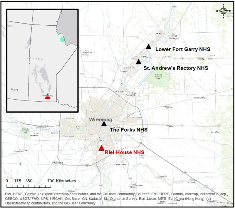 A map of south-central Manitoba focused on Winnipeg and the area surrounding it. Lower Fort Garry, St. Andrew’s Rectory, The Forks and Riel House are all marked.