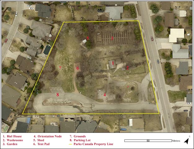 An aerial view of the Riel House site with the property boundary marked and infrastructure indicated.