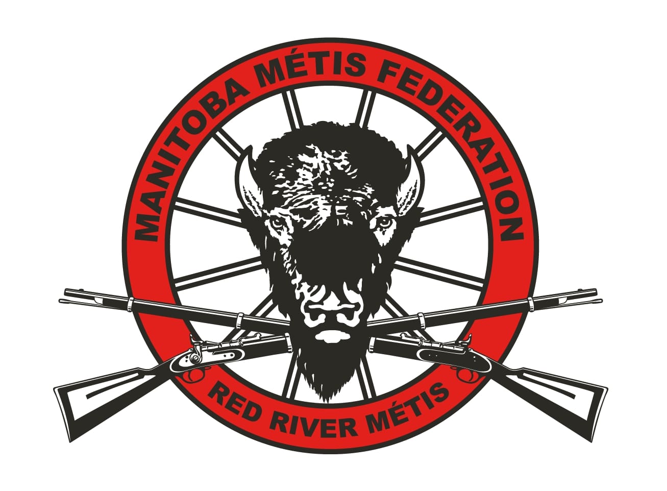 The Manitoba Métis Federation logo, with a bison head in the centre, two crossed rifles below it, interlocking wheel spokes behind it, outlined in a red ring with text reading Manitoba Métis Federation at the top and Red River Métis at the bottom.
